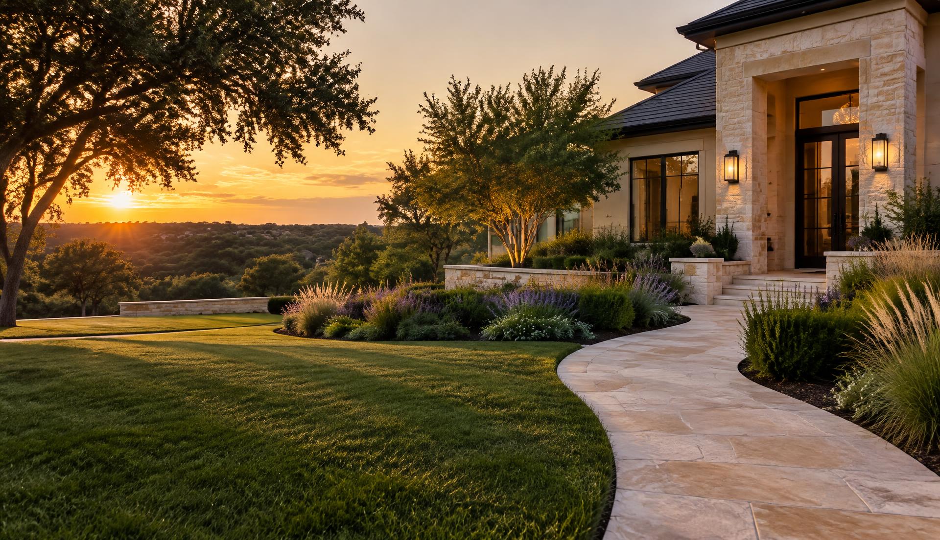 Manicured North Texas lawn, native plantings and limestone walkway at sunset